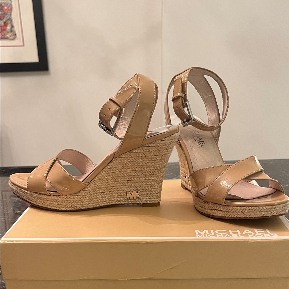 Michael Kors Tan Patent Wedge Sandals
